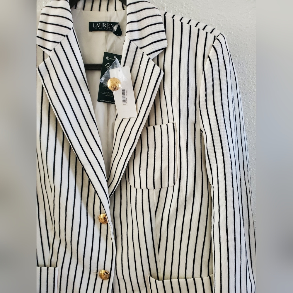 Ralph Lauren Women blazer suit jacket jacket cream Striped pockets gold 10 $175 - Picture 4 of 9